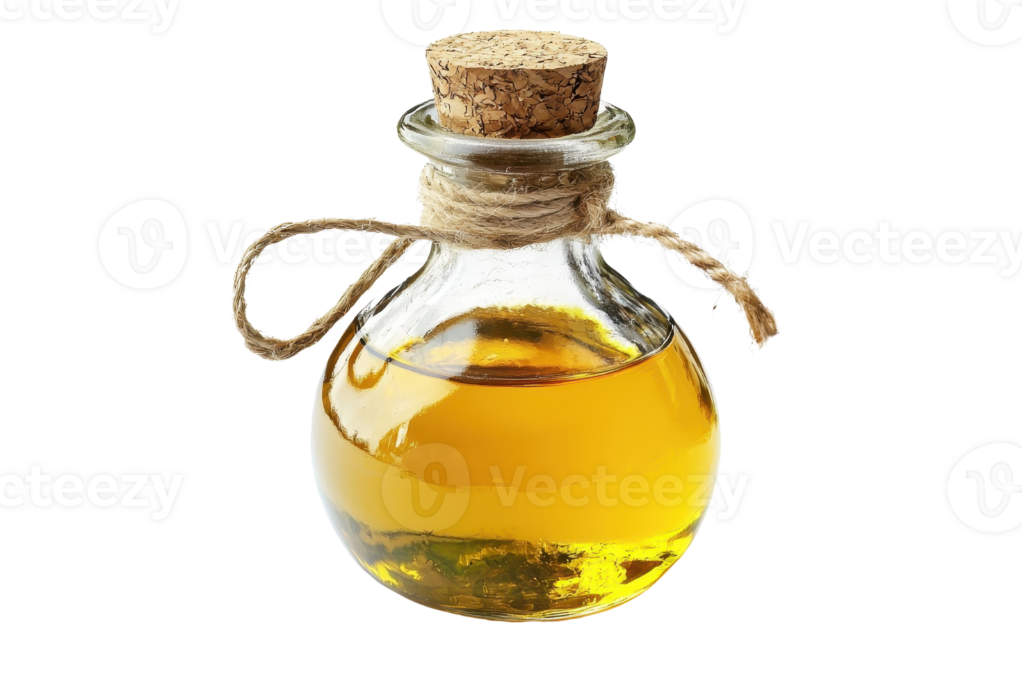 A glass bottle with cork lid containing golden olive oil isolated on transparent background. perfect for culinary or health-related stock photo use. png