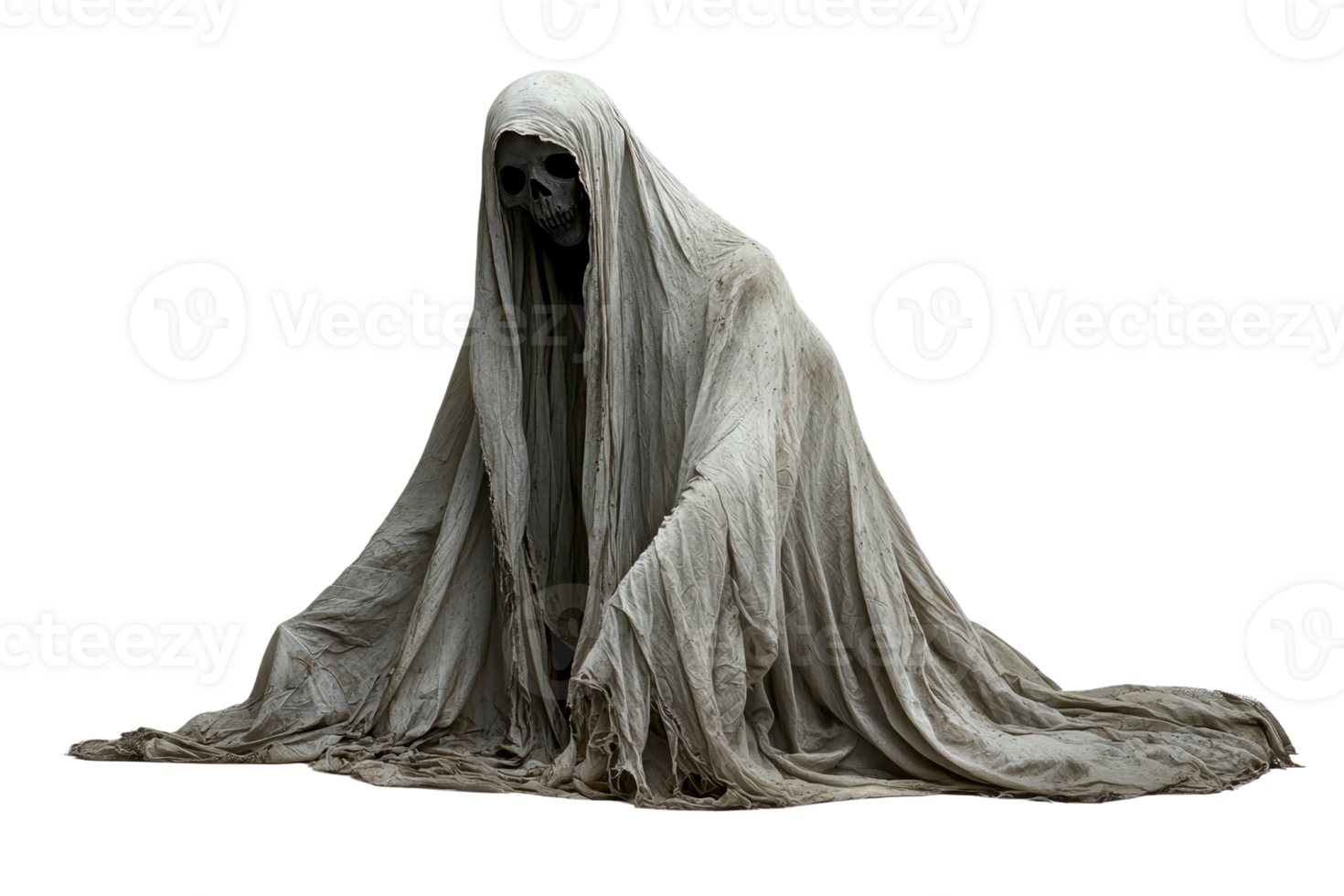 A ghostly figure draped in tattered cloth, evoking a haunting and eerie atmosphere, perfect for Halloween themes. png
