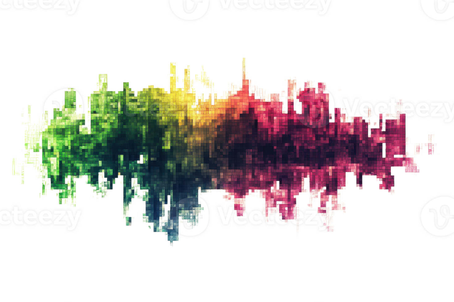 Abstract colorful soundwave render. Vibrant digital art with a mix of green, blue, purple, and yellow hues capturing a dynamic sound pattern. png