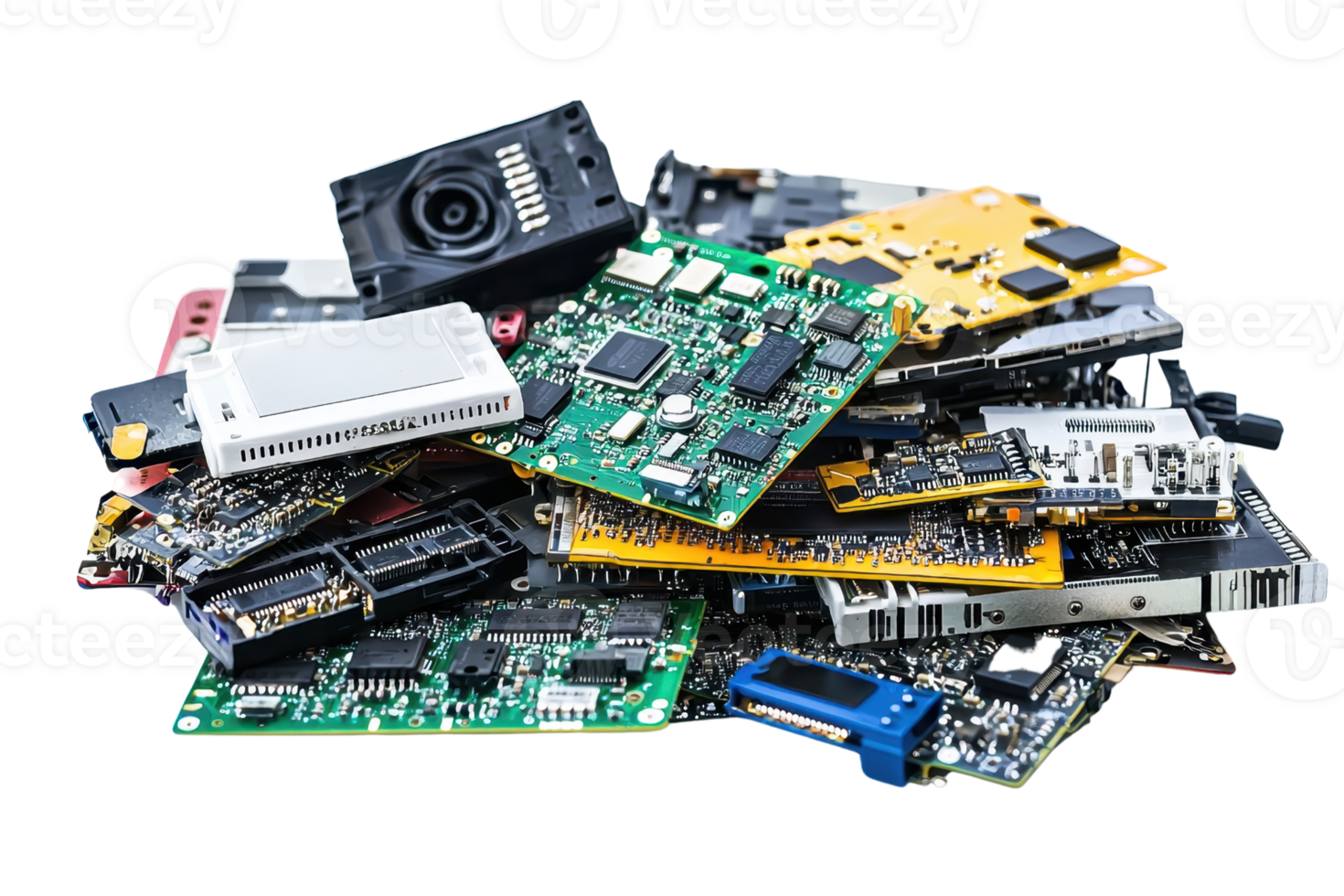 A pile of various electronic components and circuit boards isolated on a transparent background. showcasing technology and hardware innovation. png