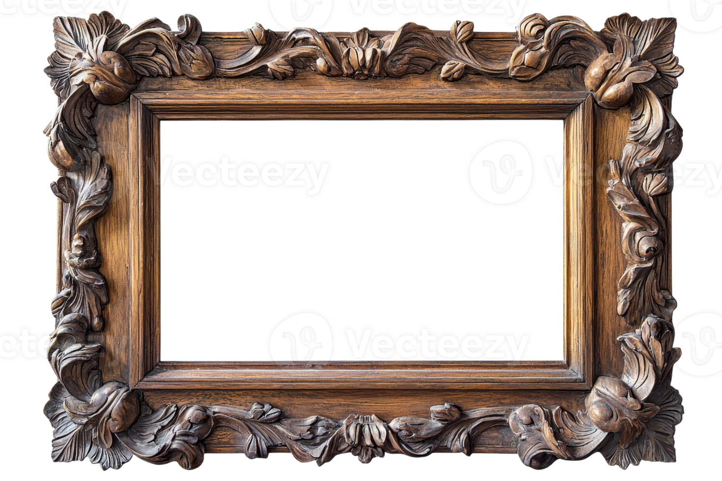 Antique wooden picture frame with intricate carvings, empty and isolated on a transparent background. perfect for displaying art or photos. png