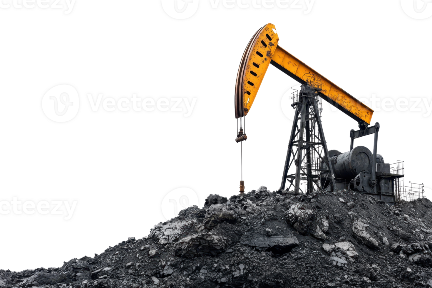 An isolated oil pumpjack extracting crude oil from the ground, set against a black coal backdrop. Energy industry and fossil fuel concept. png