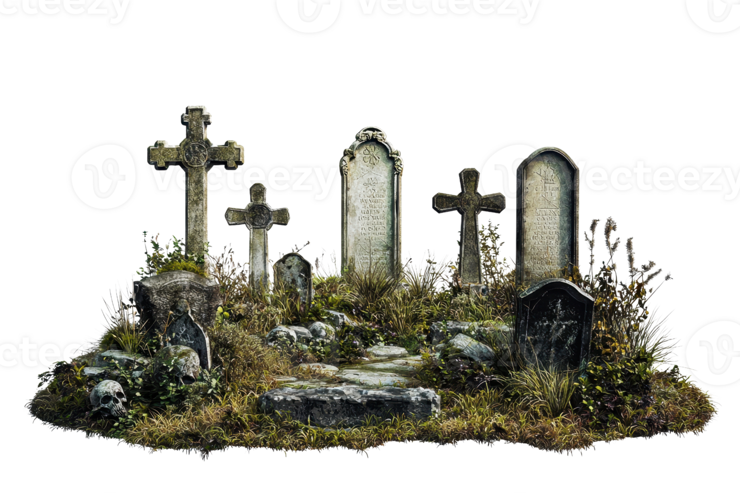 An old, overgrown graveyard with weathered tombstones and crosses, surrounded by plants and weeds, creating a somber and eerie atmosphere. png