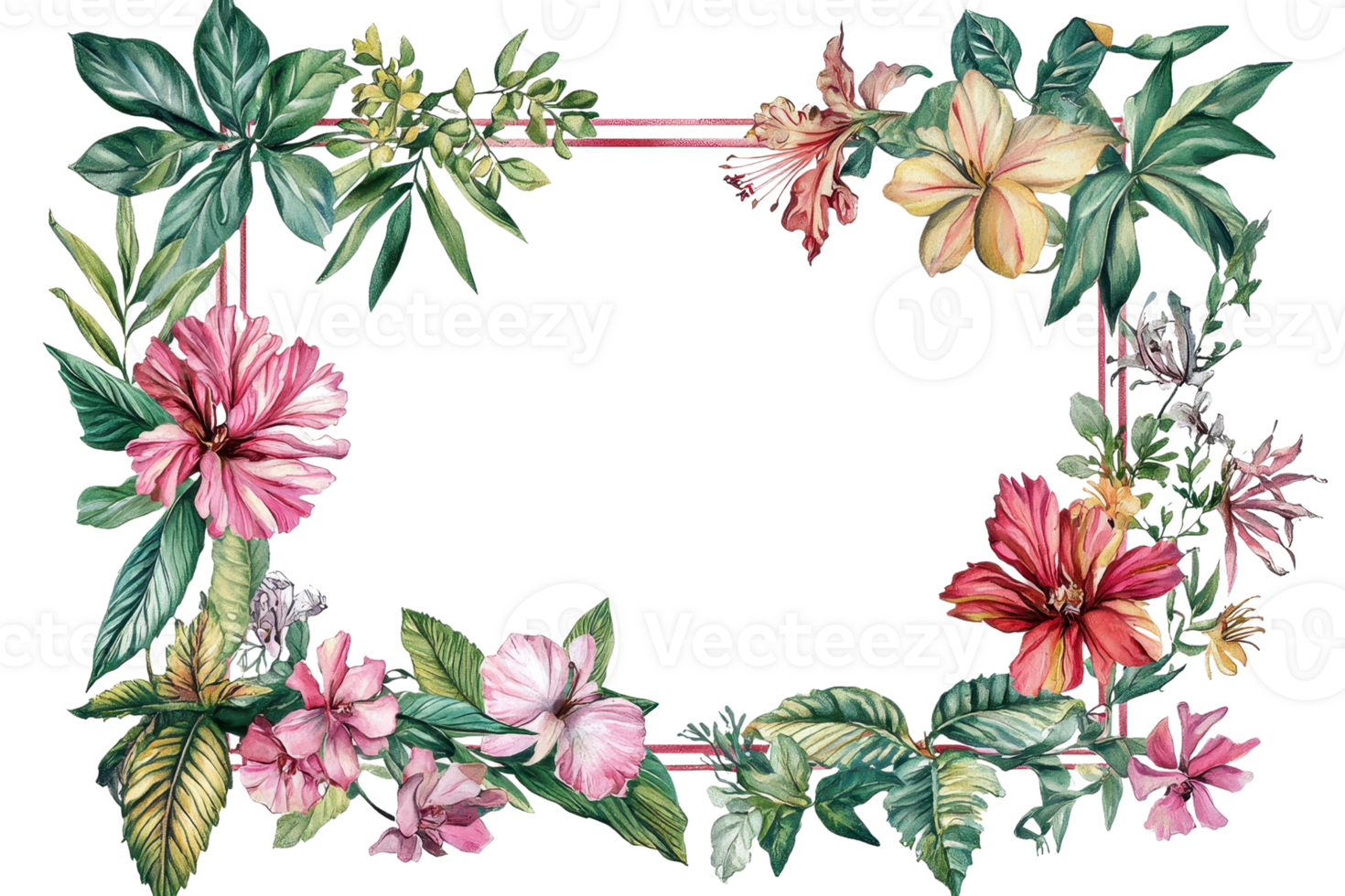 Beautiful floral frame with tropical flowers and leaves on a transparent background. Perfect for invitations, cards, and decorative purposes. png