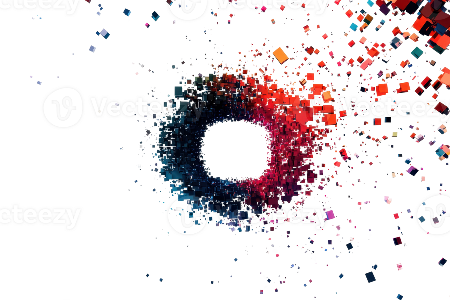 Abstract digital art with colorful pixels forming a dynamic vortex pattern on a transparent background. ideal for modern design inspiration. png