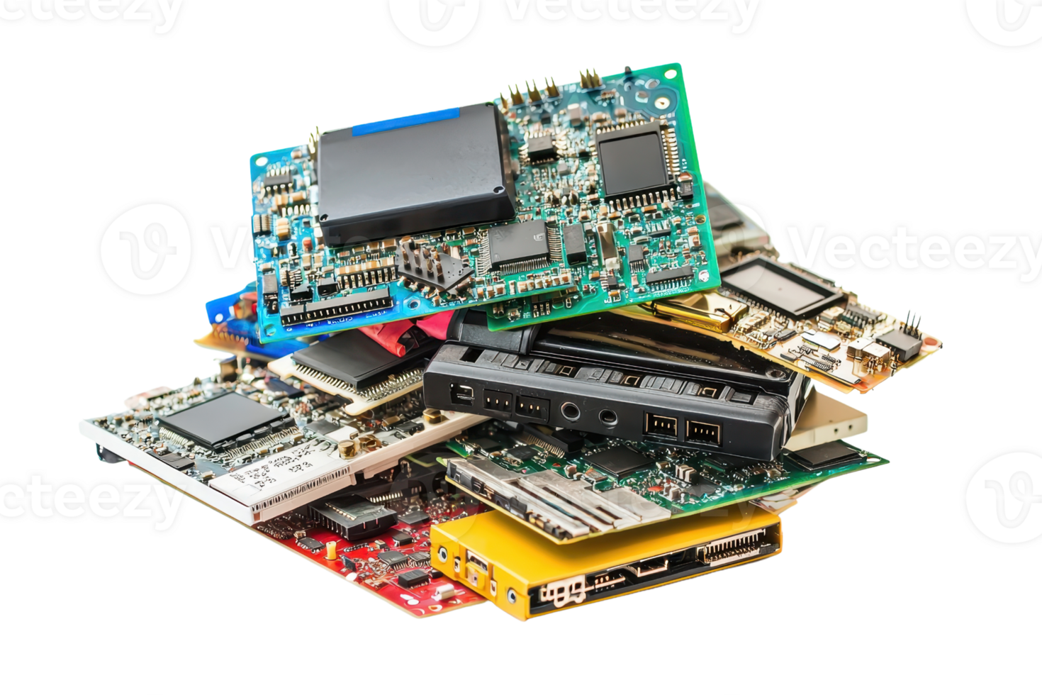 A stack of various electronic circuit boards, showcasing different components and designs, isolated on a transparent background. png