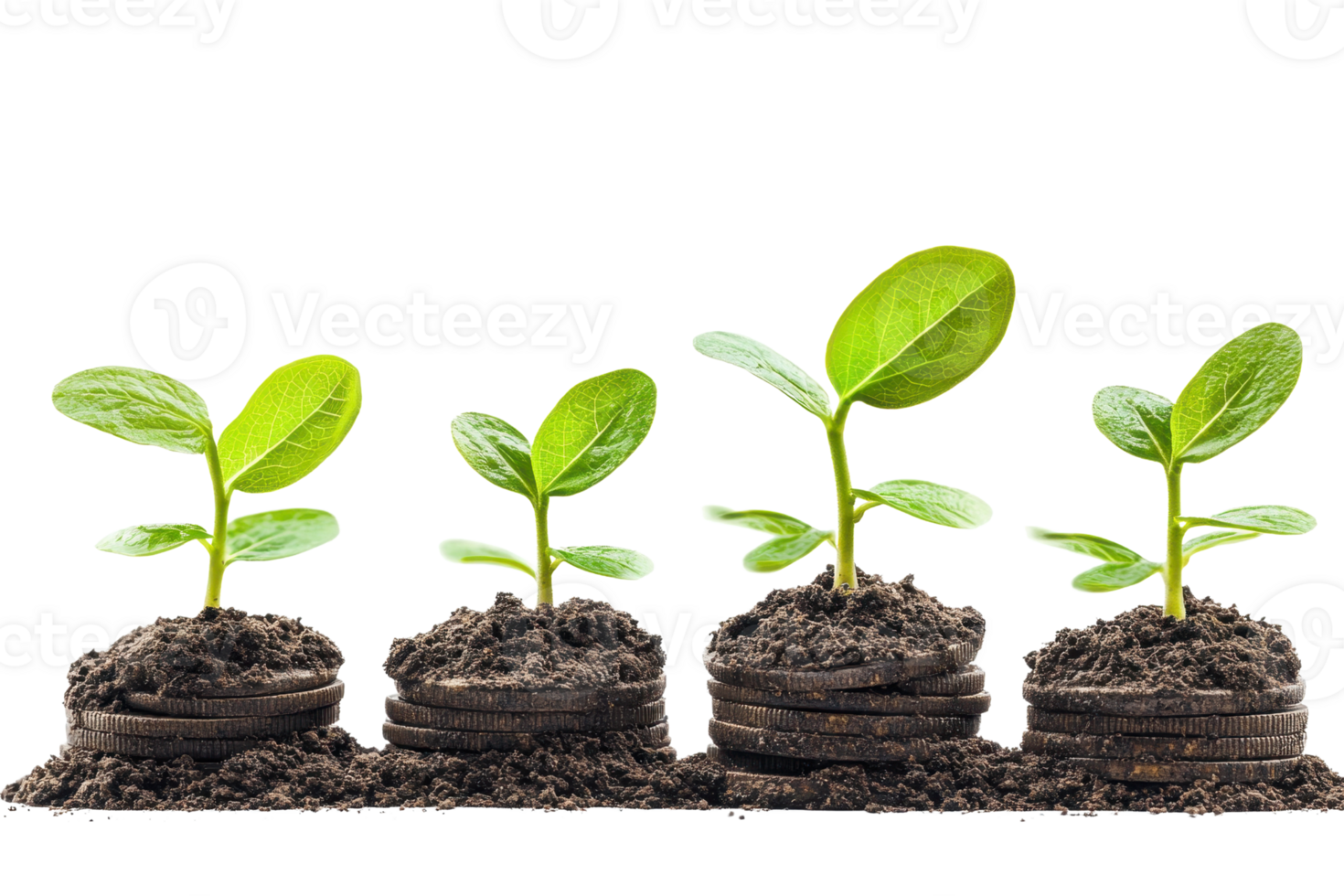 Close-up of four green seedlings in soil, symbolizing growth, nature, and environmental sustainability. Perfect for eco-friendly themes and projects. png