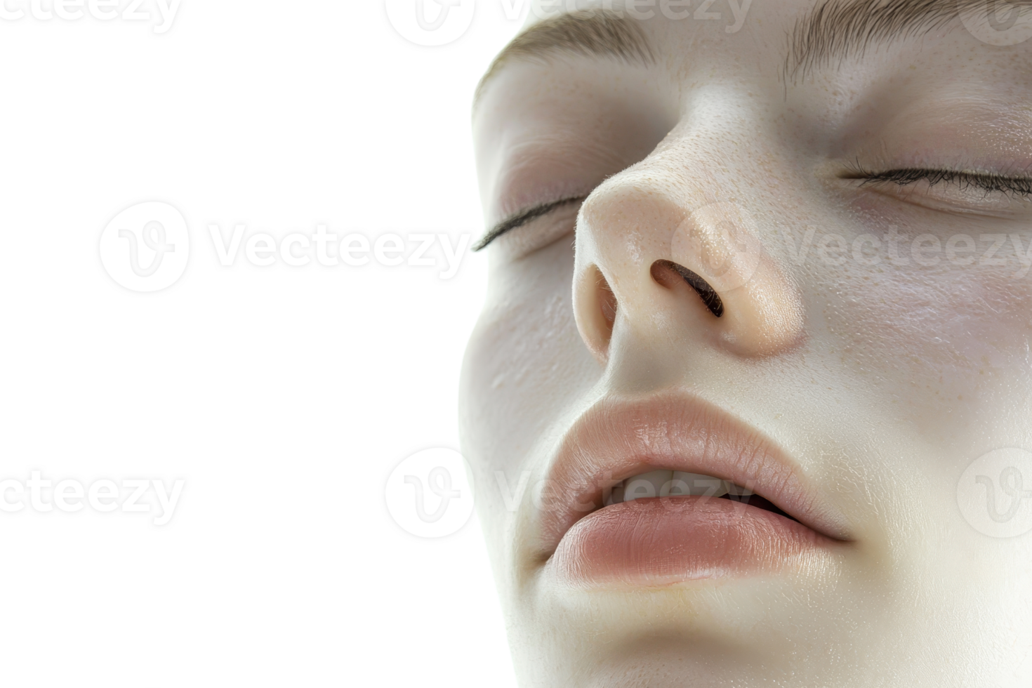 Close-up of a serene face with soft lighting on skin, emphasizing natural texture and calm expression. Perfect for beauty or skincare themes. png