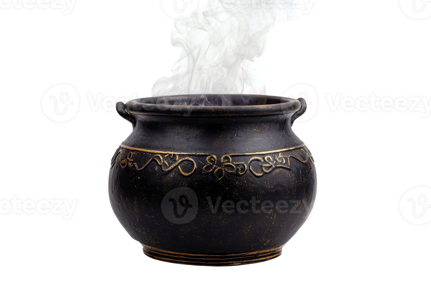 Antique black cauldron with decorative patterns emitting smoke, isolated on transparent background. representing mystic or magical theme. png