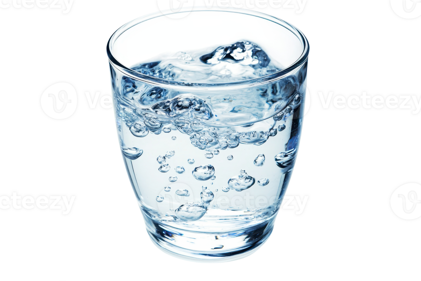 Closeup of a clear glass filled with sparkling water, showcasing refreshing bubbles against a transparent background. png