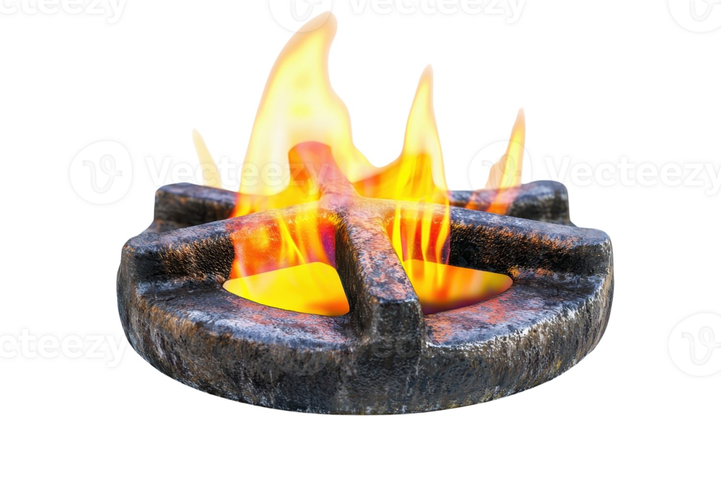 Close-up of a lit burner with flames on a rustic metal stove. Ideal for cooking, kitchen, and home-burning concepts. png