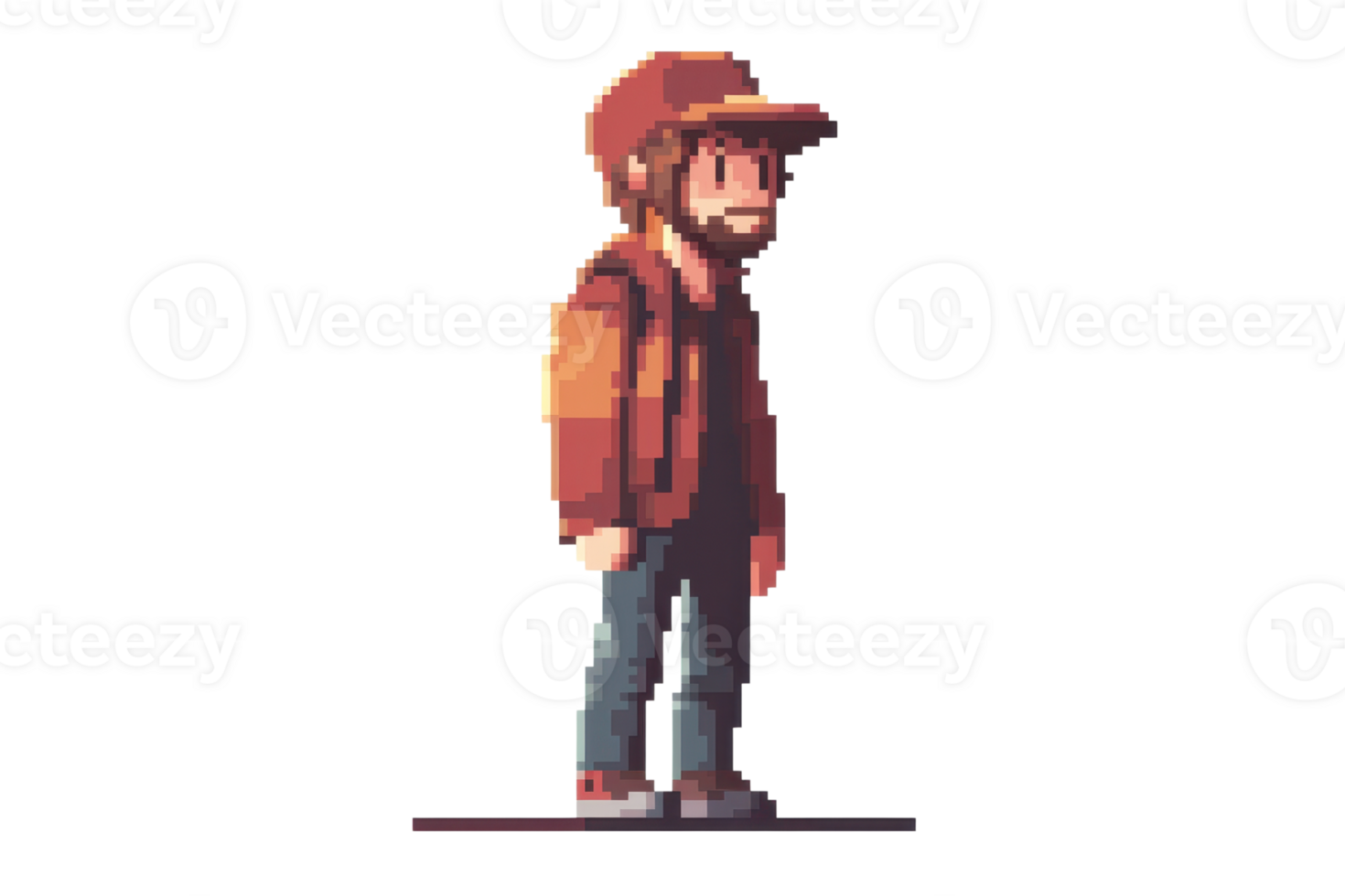 Pixel art character of a bearded man wearing a cap and casual clothes, standing and facing sideways in a vintage retro style. png