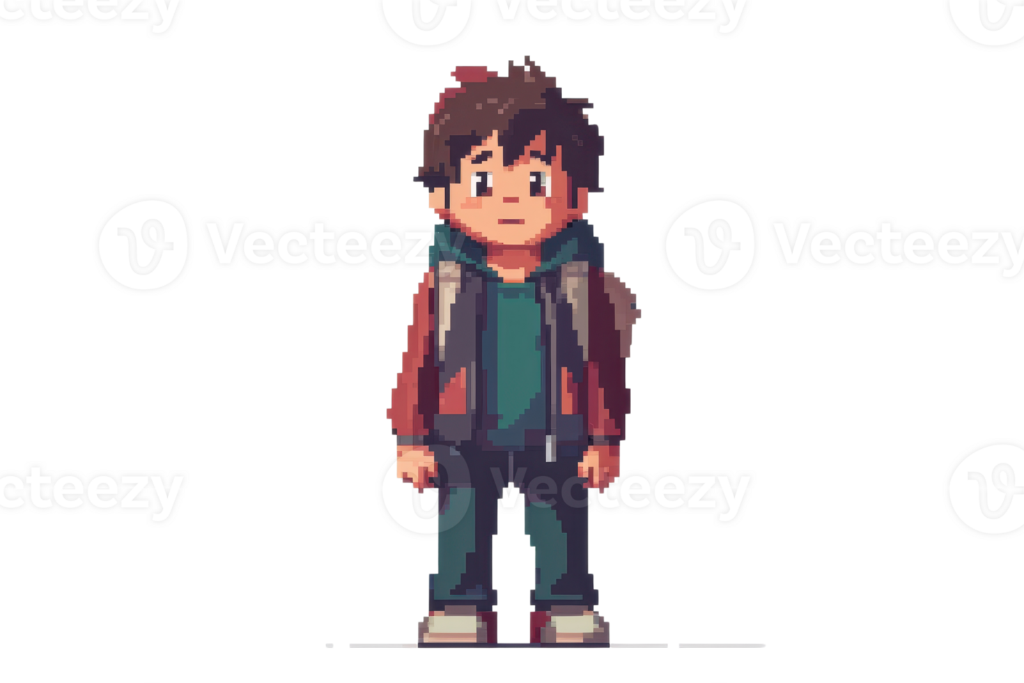 Pixel art illustration of a young boy with a backpack, dressed in a hoodie and jacket, standing with a neutral expression. png