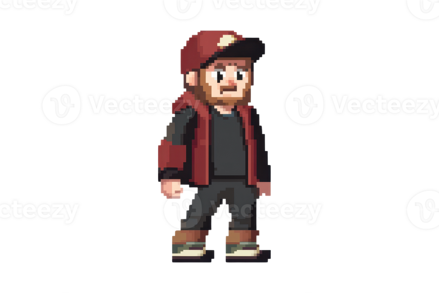 Pixel art character of a man with a beard wearing a red cap and jacket, standing in a relaxed pose. Ideal for games and digital art. png