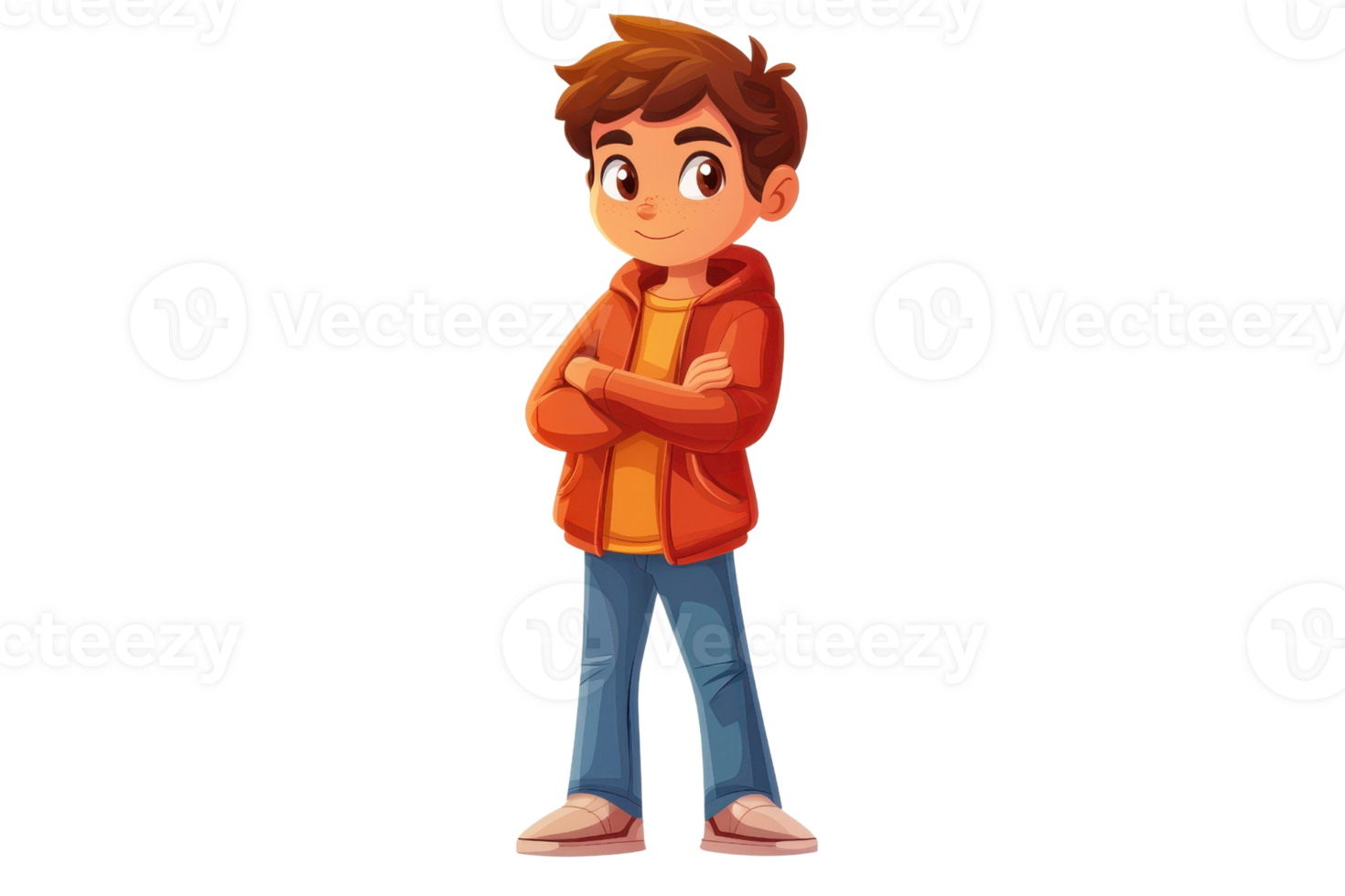 Cartoon boy with brown hair in orange jacket and jeans, standing confidently with arms crossed. Ideal for children's illustrations or educational material. png