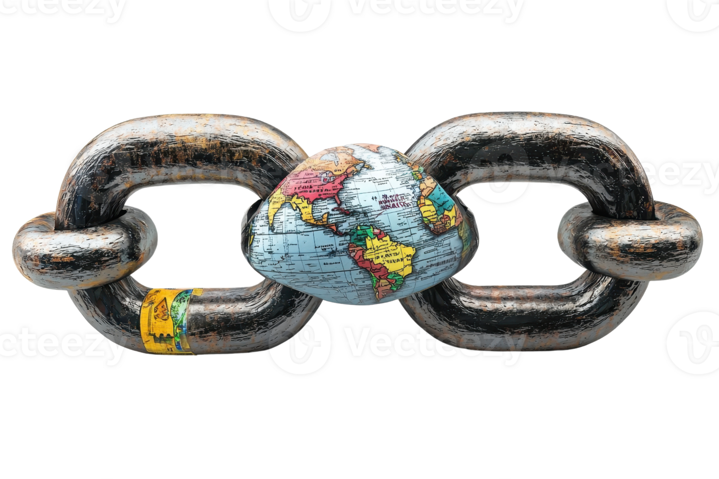 Close-up of a metal chain with a world map heart, symbolizing global connection and unity. png