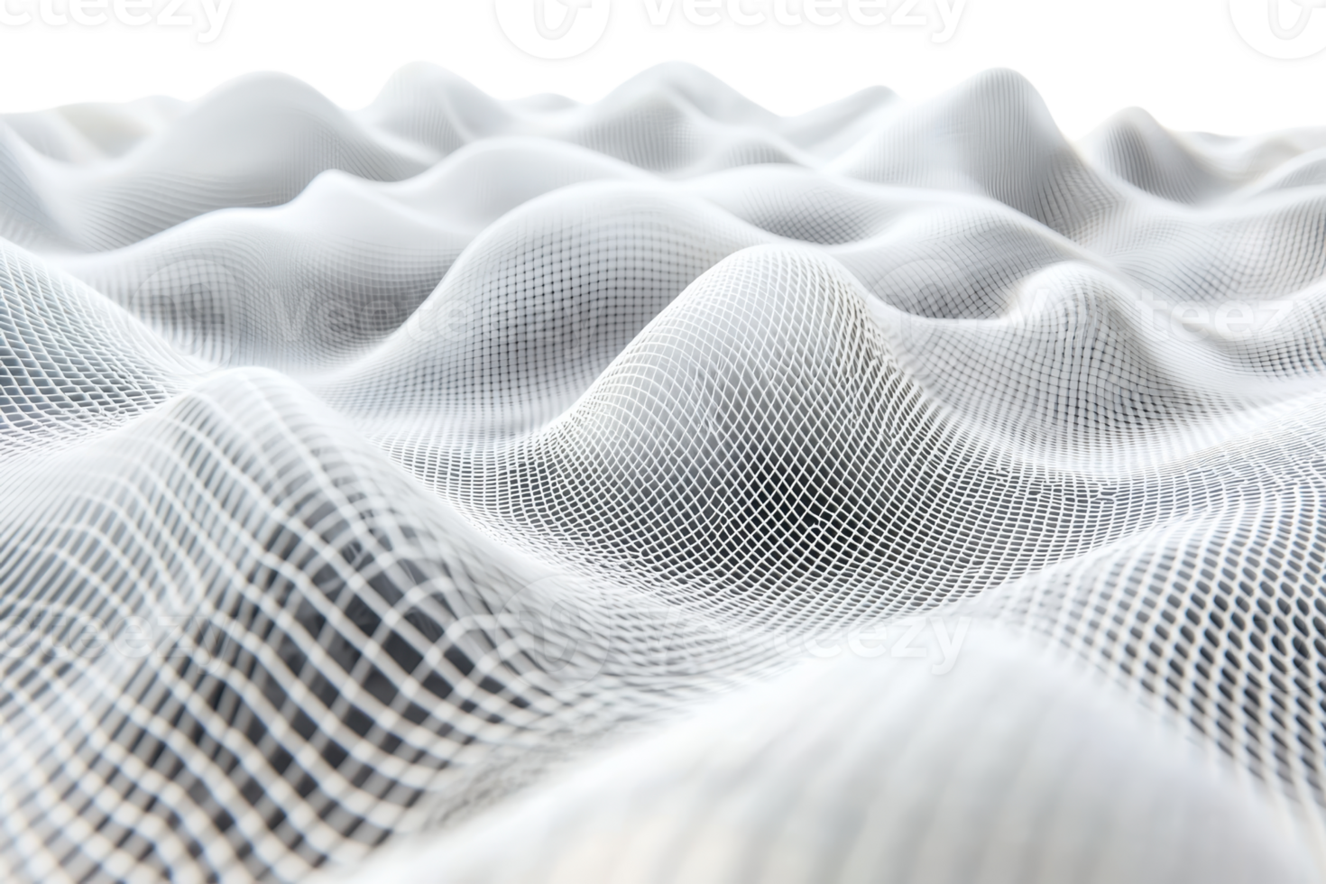 Abstract 3D render of a wavy white grid on a transparent background. resembling a smooth surface created through digital waves and mesh technology. png
