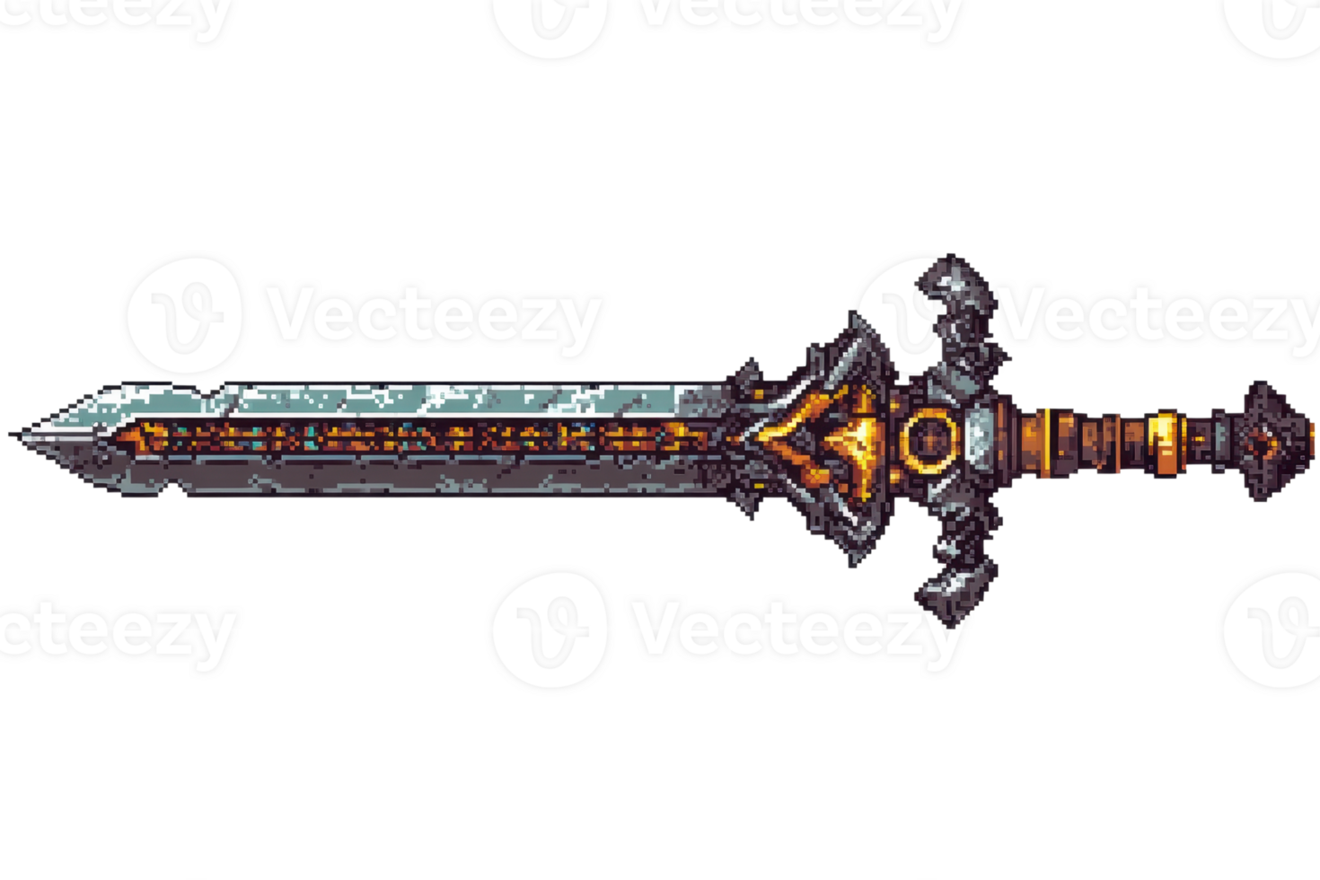 Pixel art of an ornate fantasy sword with intricate detailing and decorative hilt, ideal for game design, illustration, or medieval projects. png