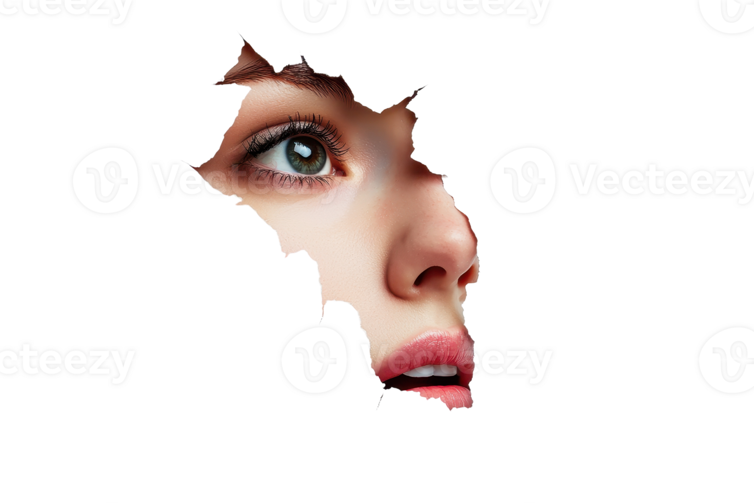 Close-up of a woman's face partially hidden in darkness, emphasizing her eye and lips. Art of female beauty, mystery, and intrigue. png