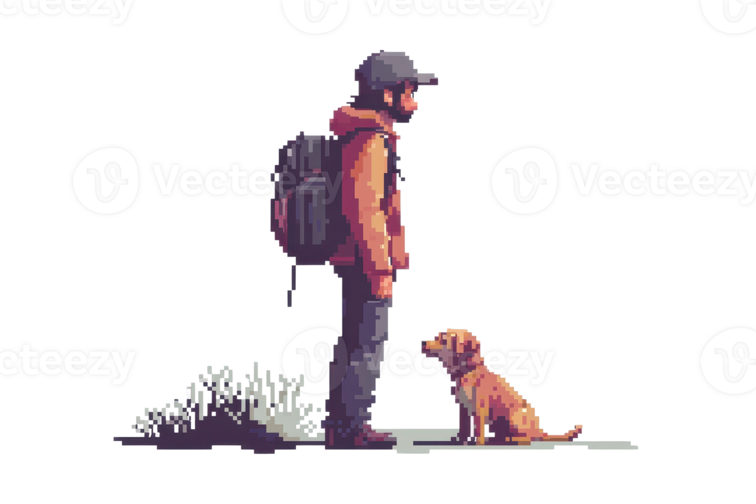 Digital art of a man with a backpack standing and looking at a sitting dog. Outdoor adventure concept. Pixel art style. png