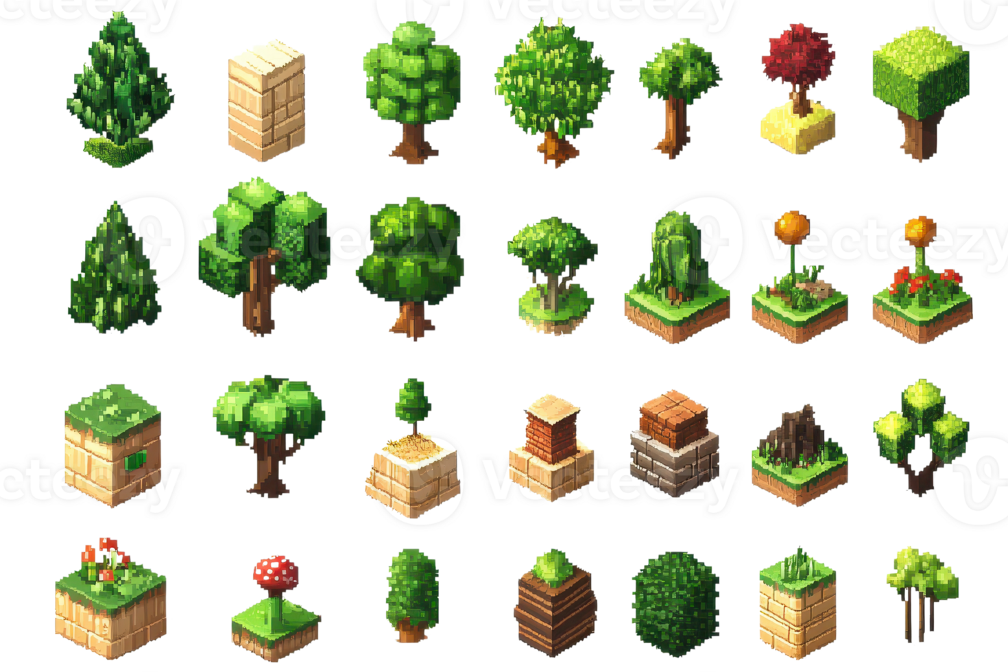 Collection of pixel art trees and plants in various shapes and colors, perfect for game design and digital art projects. png