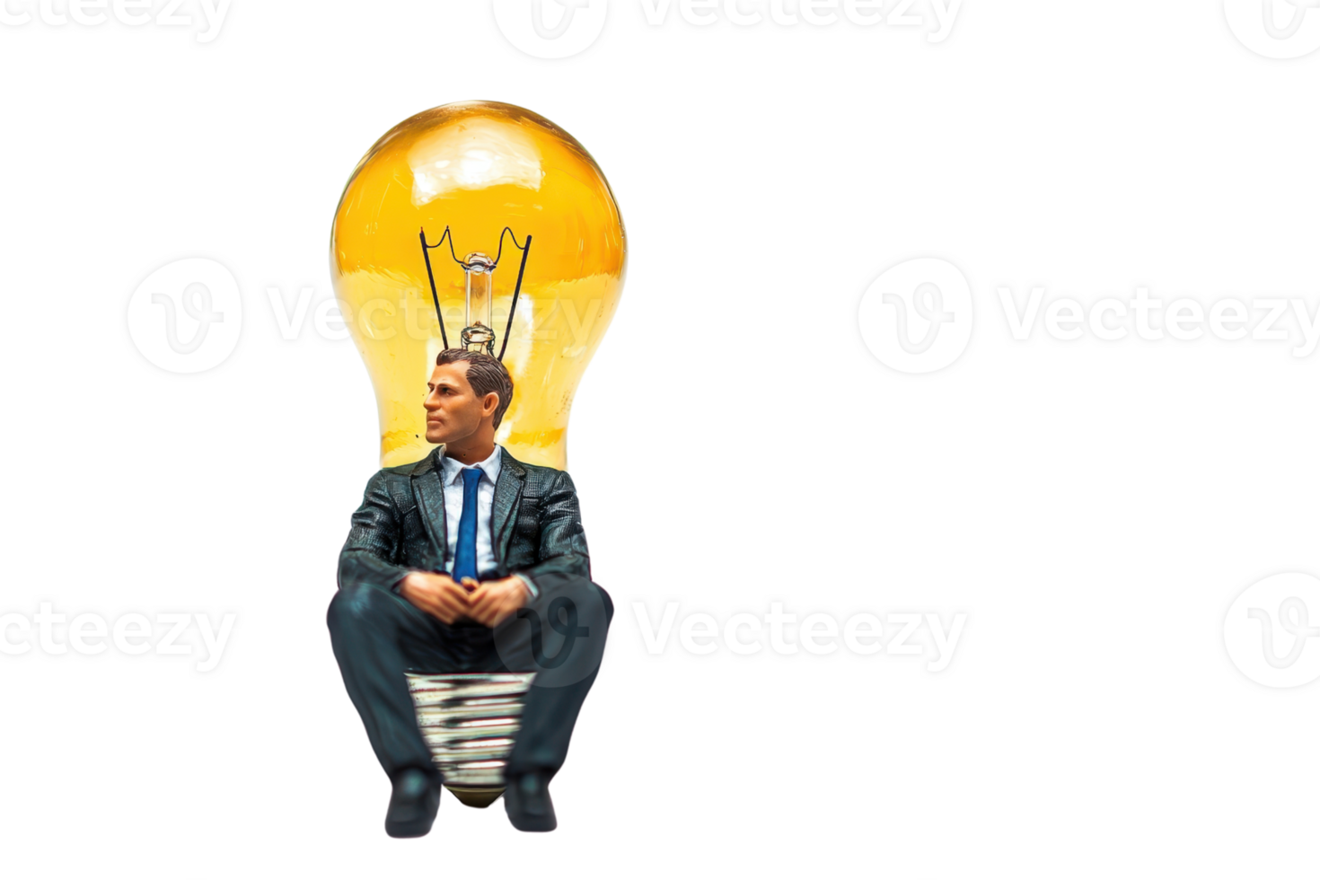 Businessman sitting on giant light bulb, representing innovative idea and creativity in business solutions and success. png