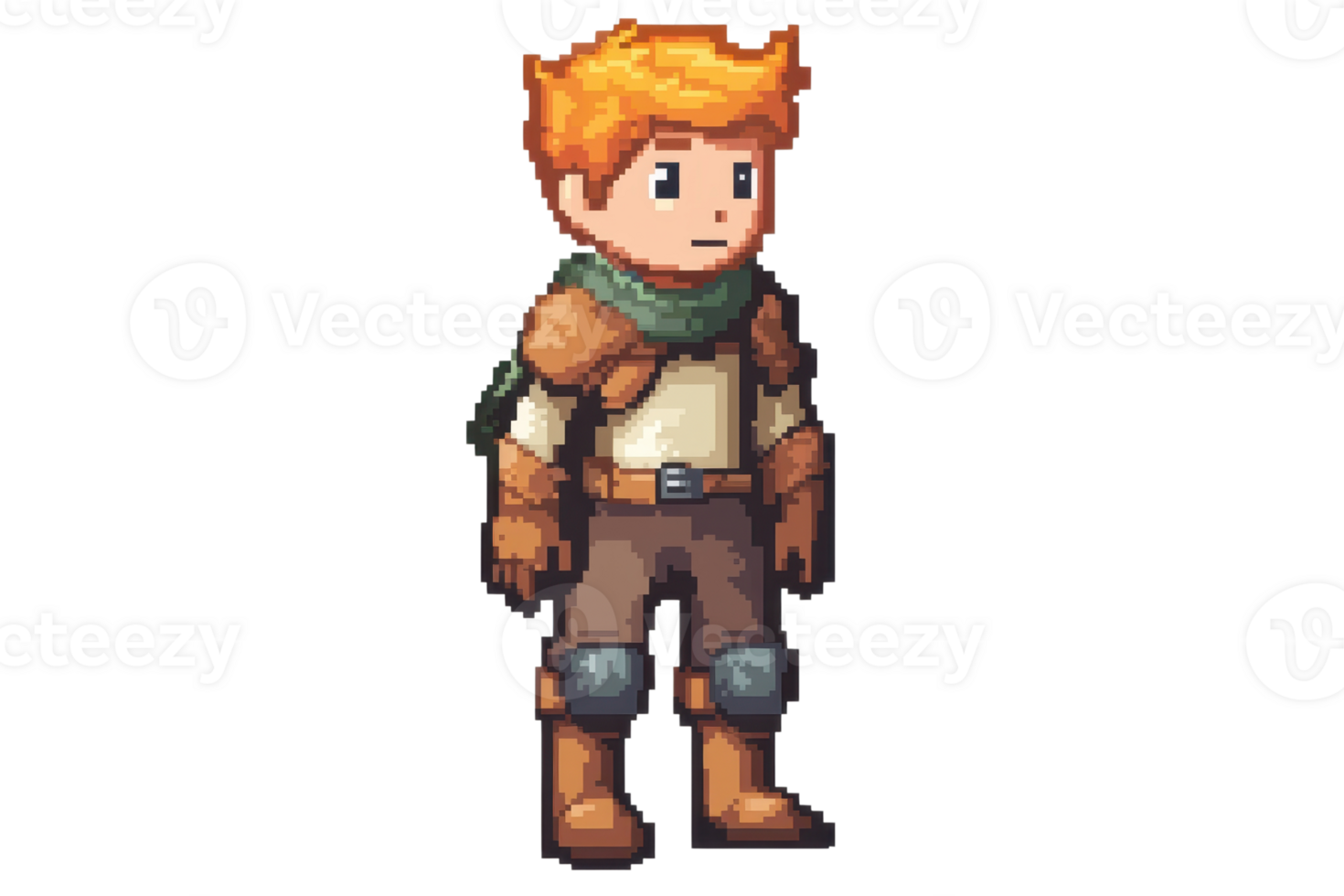 Pixel art of a young male adventurer with orange hair and armor, ready for an epic journey. Perfect for game design and character creation. png