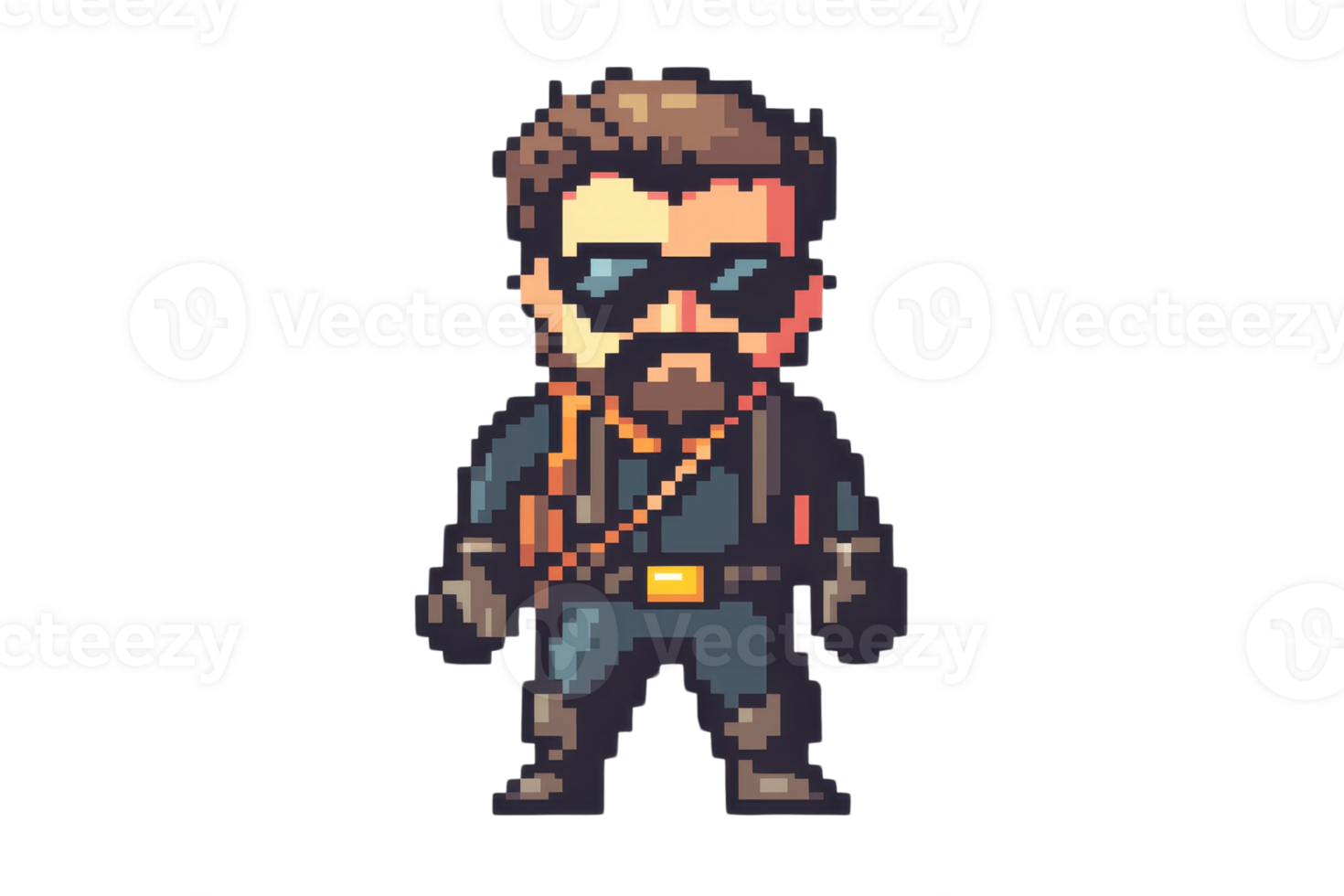 Pixel art character of a bearded man with sunglasses in a dark outfit, ready for an adventure or gaming scene. png