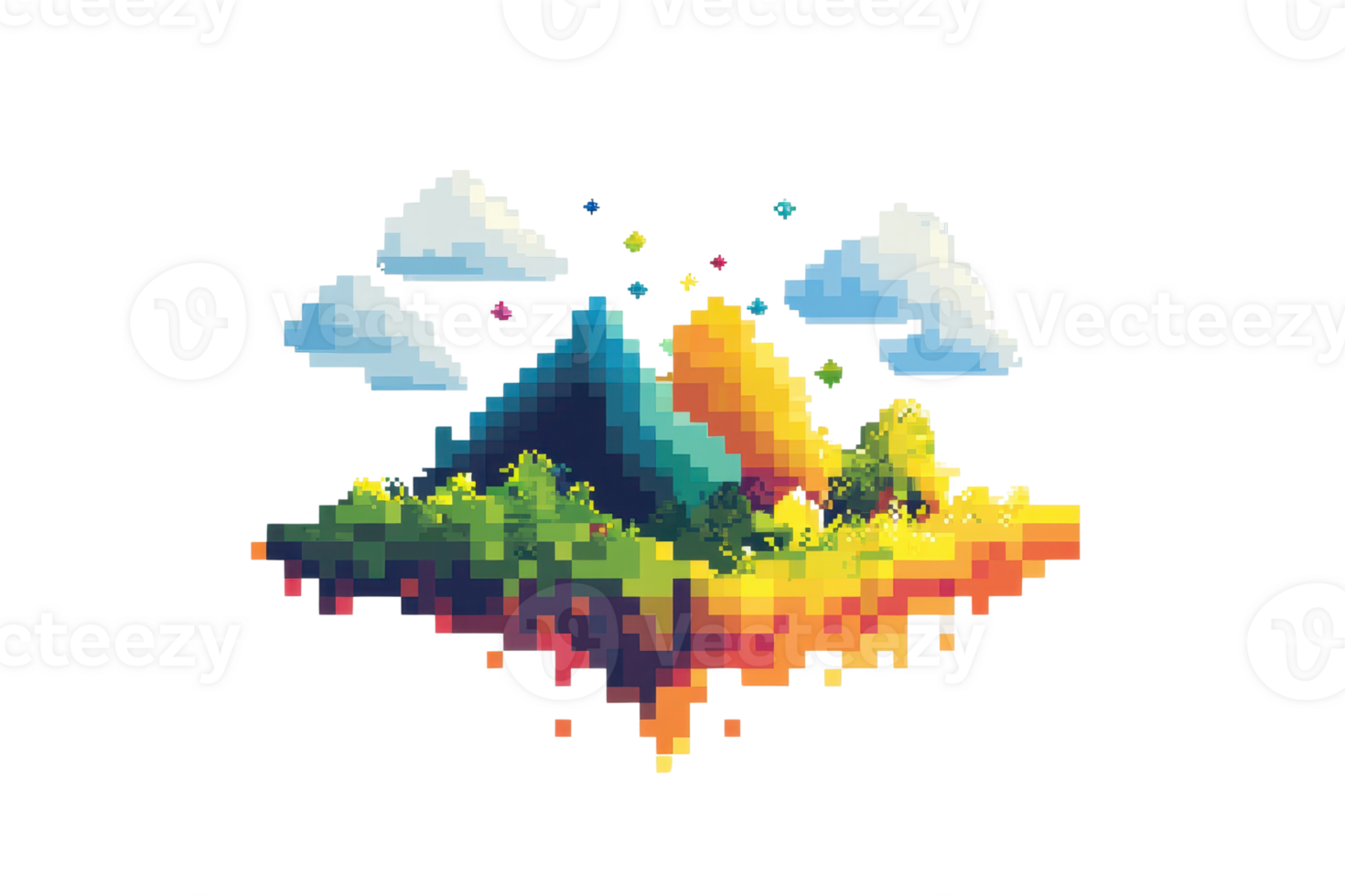 Pixel art of a floating island with vibrant mountains, trees, and clouds, symbolizing a fantastical landscape in a retro game style. png