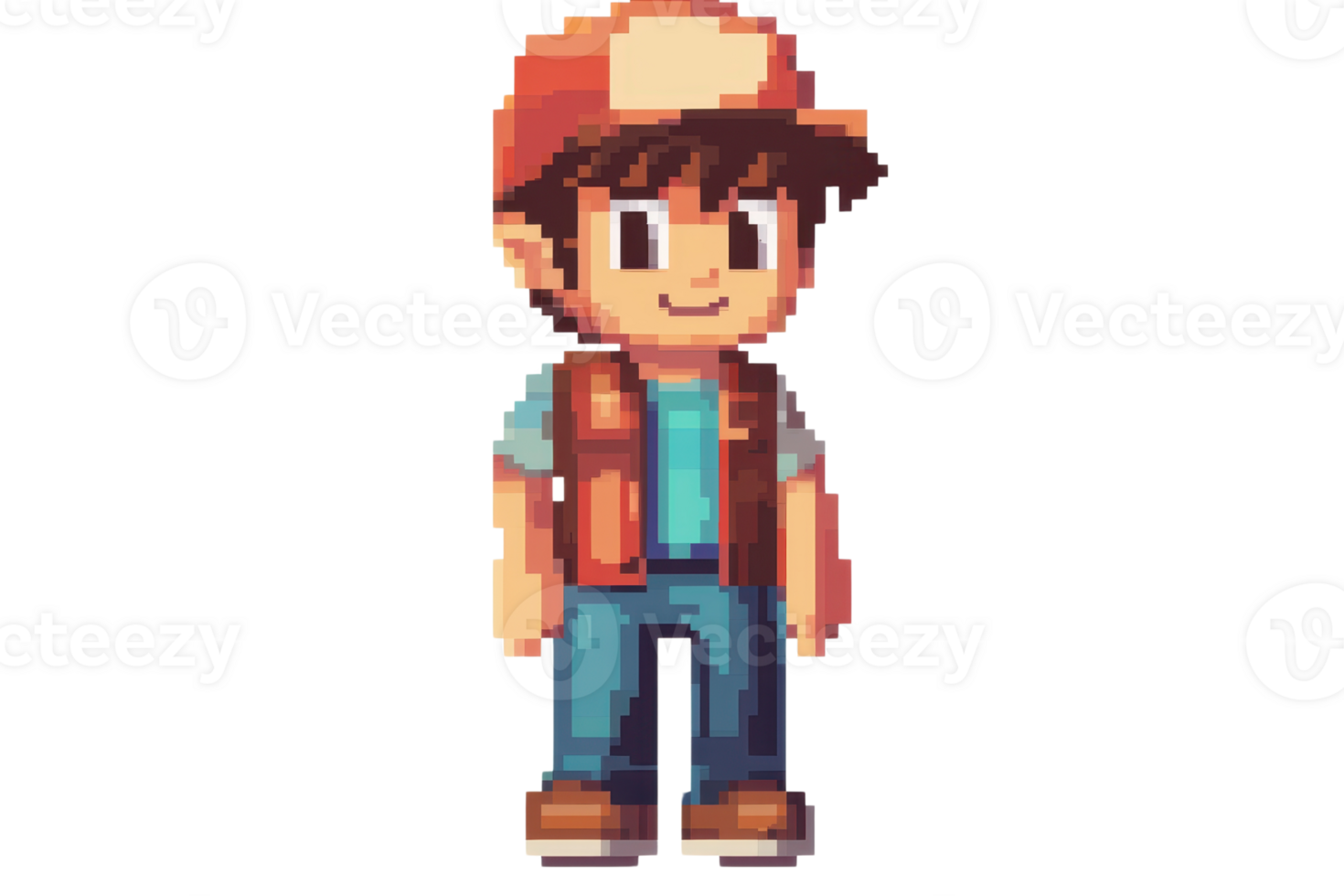 Pixel art character wearing a red cap, blue jeans, and a vest. Standing pose with a cheerful expression. Ideal for game design. png
