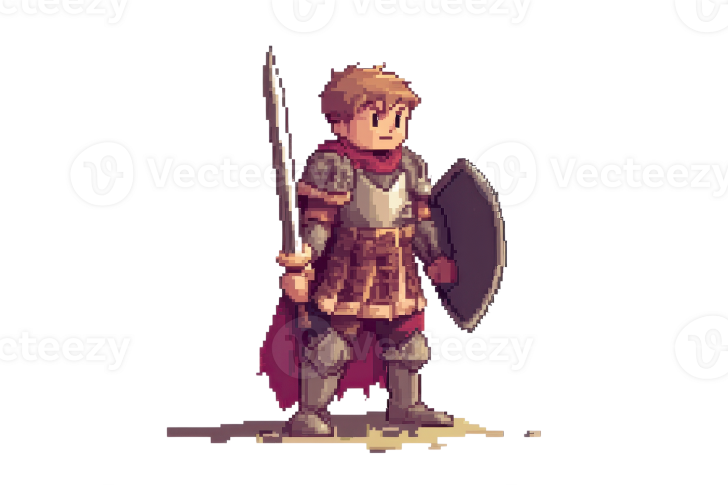 Pixel art medieval knight standing with sword and shield, wearing armor and red cape, in a fantasy game setting. png