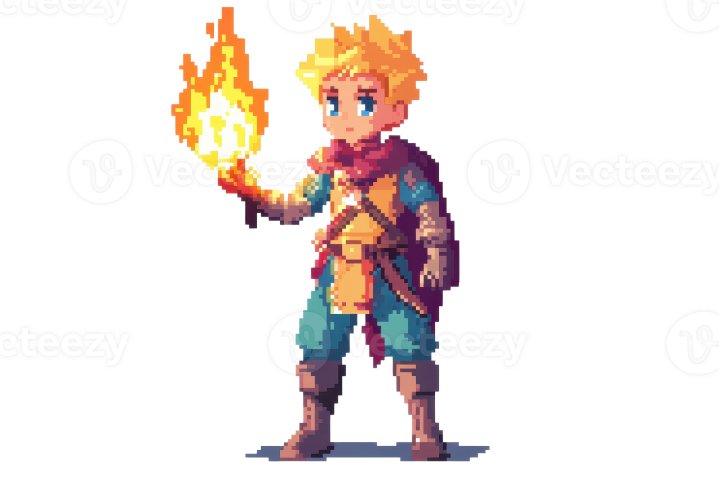 Pixel art of a heroic character holding a bright flame, dressed in fantasy attire with a red cape. Vibrant, detailed, and magical illustration. png