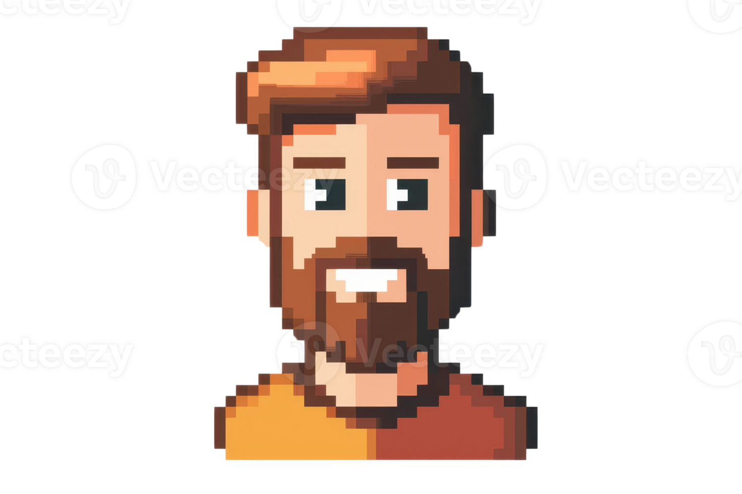 Pixel art illustration of a smiling bearded man with brown hair. Retro style gaming character, 8-bit design, perfect for avatars or game assets. png