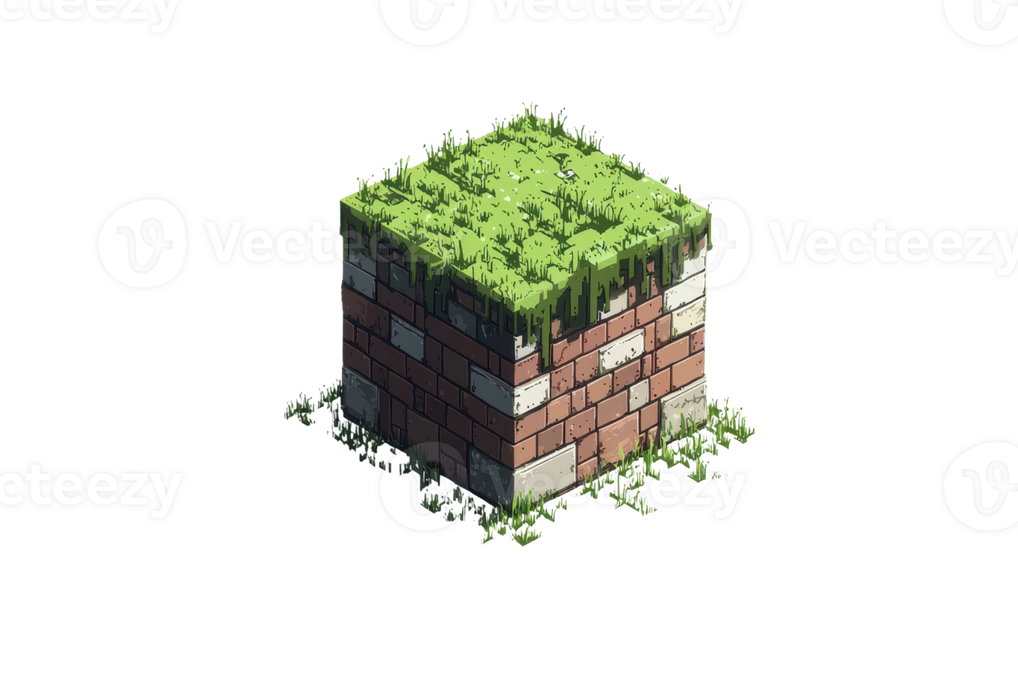 Isometric illustration of a moss-covered brick cube, blending nature and structure in a unique design. png