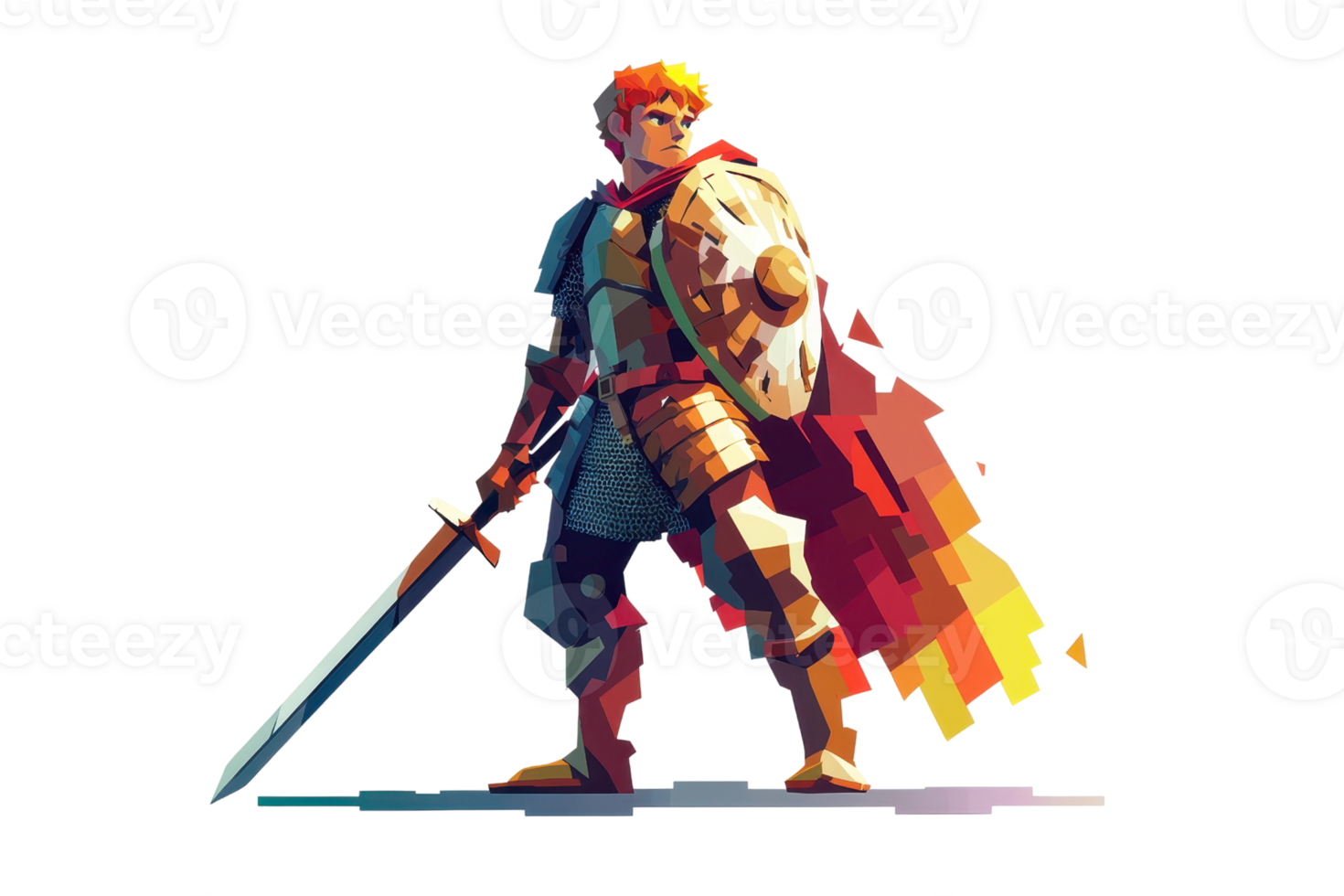 Pixel art of a hero warrior in armor with a shield and sword standing defiantly. Vibrant colors and retro style. png