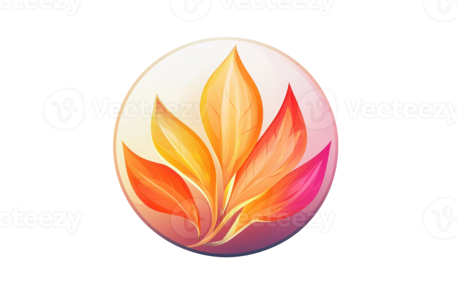 Colorful stylized leaf design with vibrant gradient hues in a circular frame, representing art and nature in harmony. png