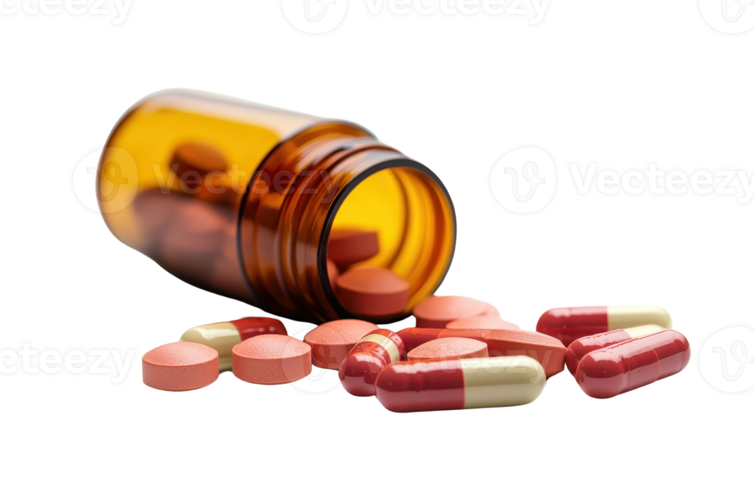 Close-up of assorted pills and capsules spilling from a brown bottle, representing medication, health, and pharmacy concepts. png