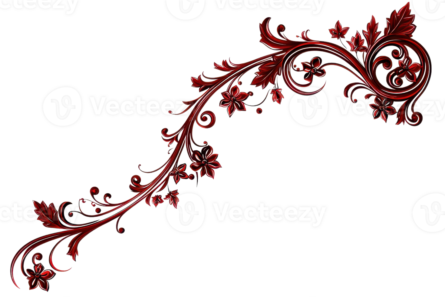 Elegant red floral corner design with intricate swirling patterns, perfect for decorative purposes in invitations, cards, and more. png