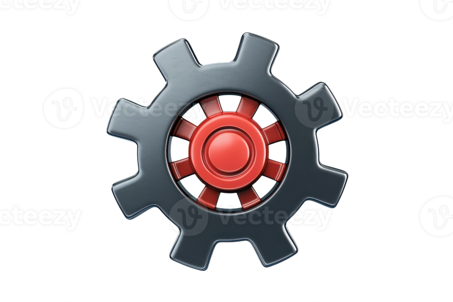 High-quality isolated image of a metal gear with a red center, representing machinery, engineering, and industrial mechanics. png