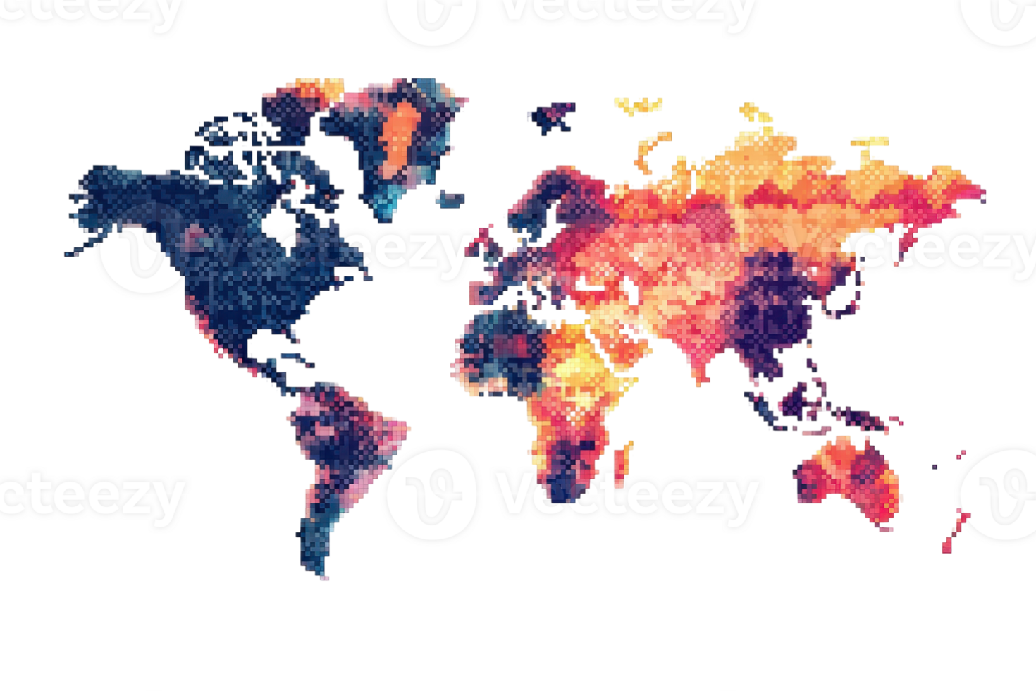 Colorful abstract world map with geometric patterns in blues, reds, and yellows, representing global diversity and interconnectedness. png
