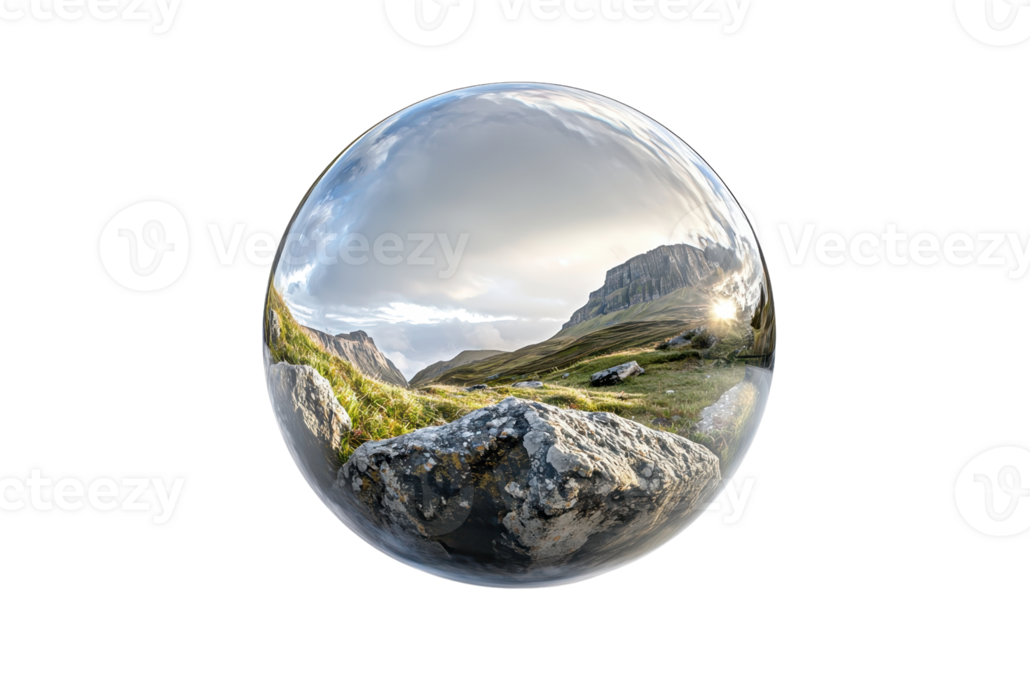 Reflective sphere capturing serene mountain landscape, blending nature with creative distortion. Ideal for backgrounds, nature, or creative projects. png