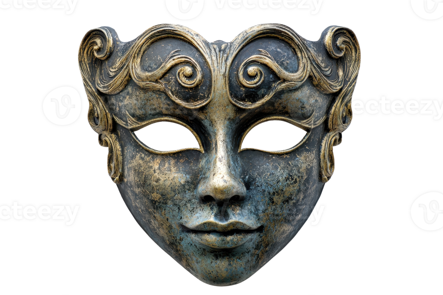 Intricate bronze masquerade mask with swirling patterns, showcasing artistic craftsmanship. Ideal for events, decoration, and theatrical performances. png