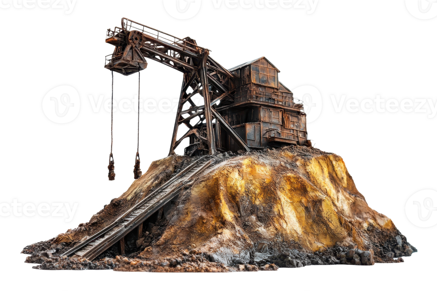 Rustic and abandoned industrial building on rocky terrain, showcasing vintage architecture and machinery from the past. png