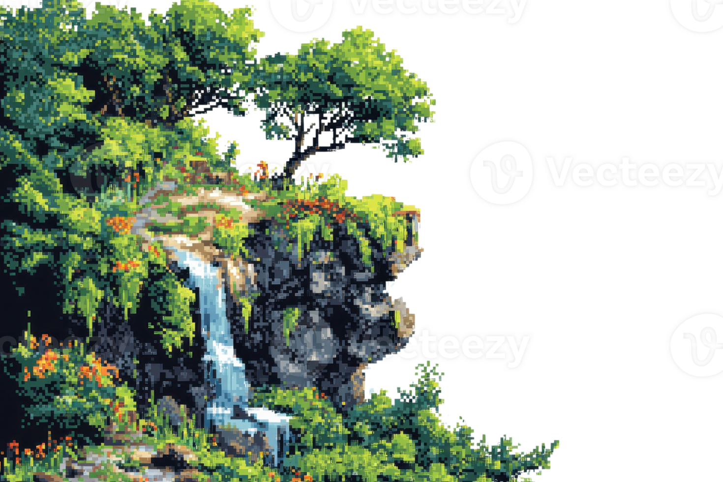 Scenic landscape illustration of lush greenery with a waterfall cascading down a rocky cliff, surrounded by vibrant flora. png