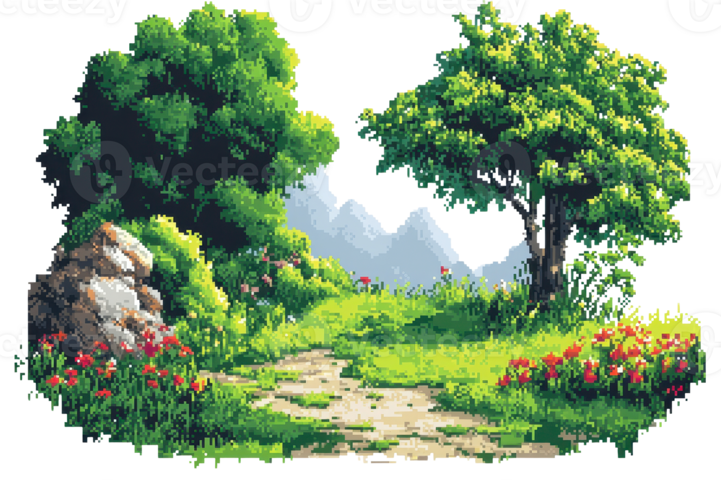 Scenic landscape with lush greenery, colorful flowers, and a mountain backdrop under a clear sky. Ideal for nature-themed designs. png