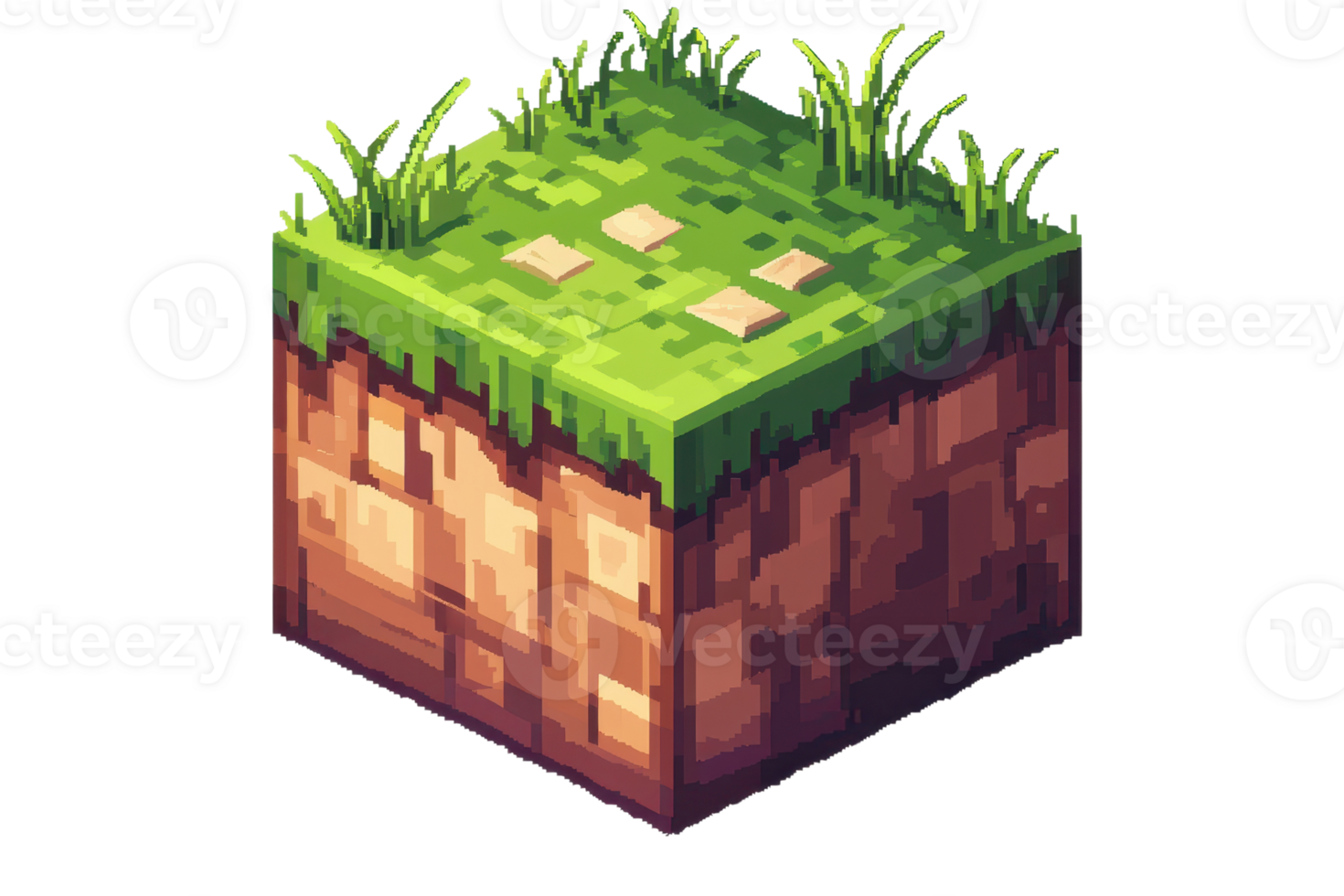 Isometric pixel art of a grassy terrain cube with soil layers, perfect for game design and digital art projects. png