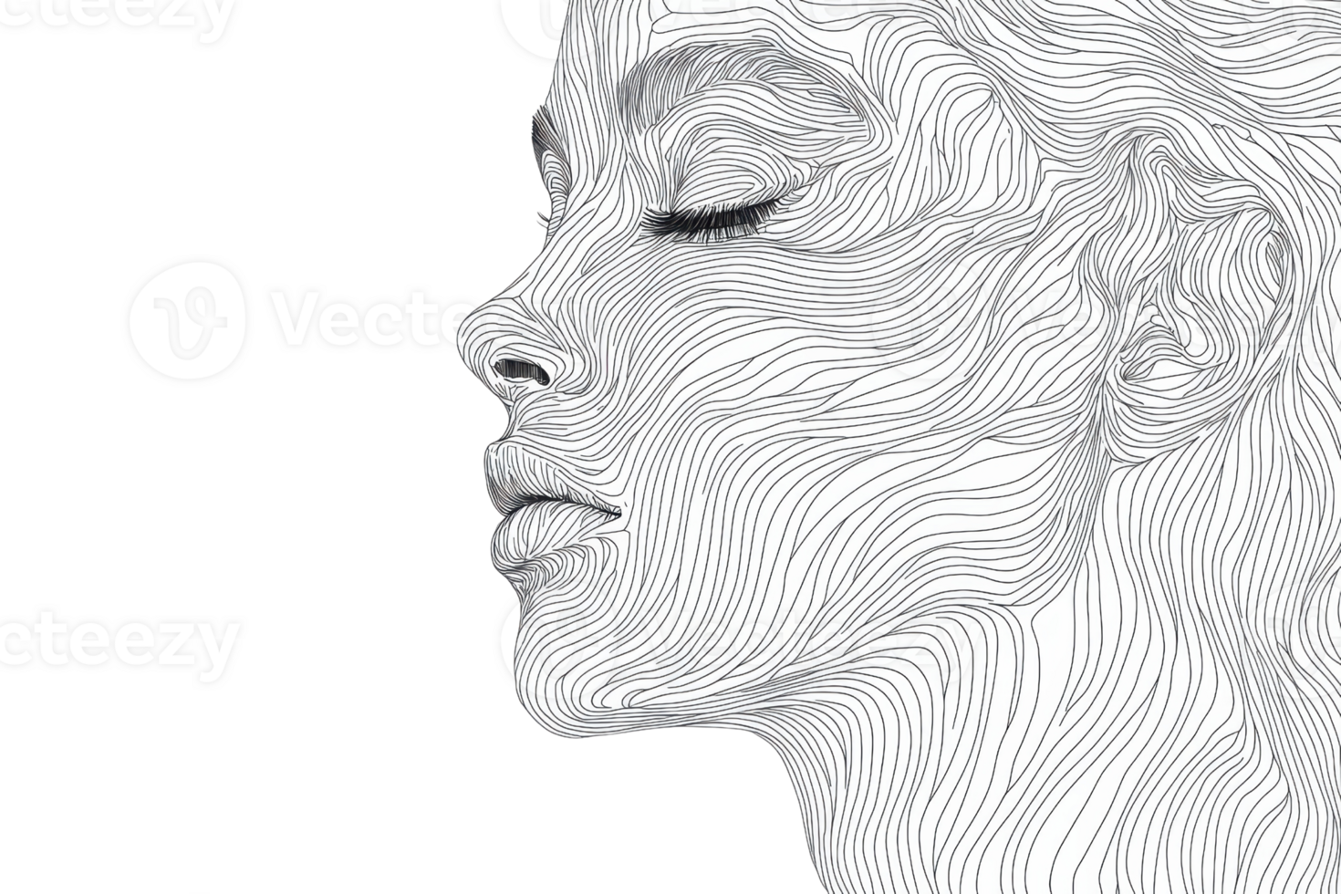 Intricate line art illustration of a woman's face in profile, showcasing detailed flowing lines and elegant contours. png