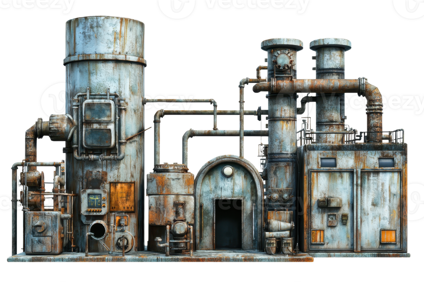A detailed and rusted industrial machine with pipes and structures, showcasing a steampunk aesthetic and vintage mechanical design. png