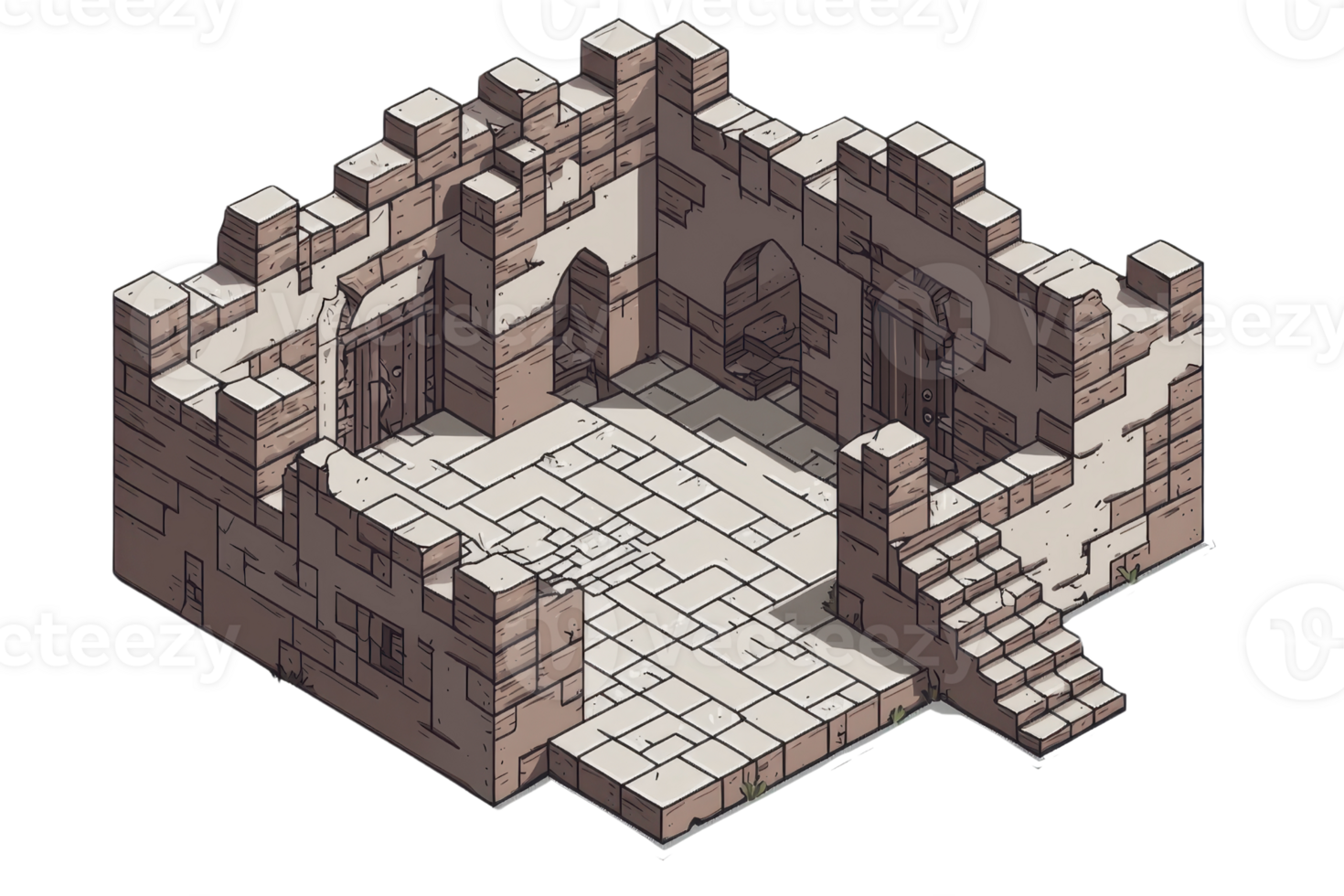 Isometric illustration of a medieval castle section with stone walls, stairs, and arched doorways, perfect for historical or fantasy themes. png