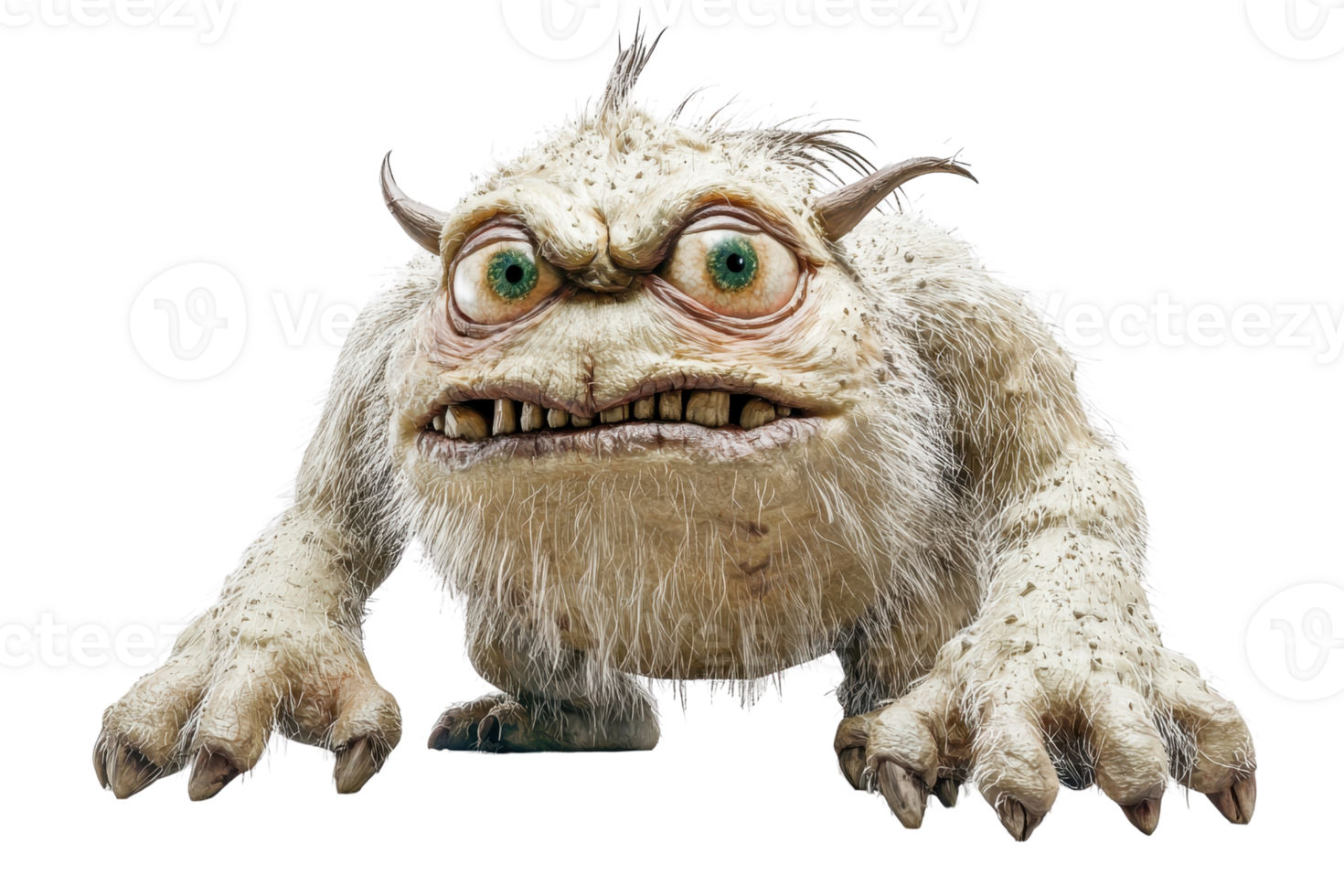 A detailed 3D rendering of a furry, fantastical monster with big eyes and sharp teeth, poised ready for action in a playful, whimsical style. png